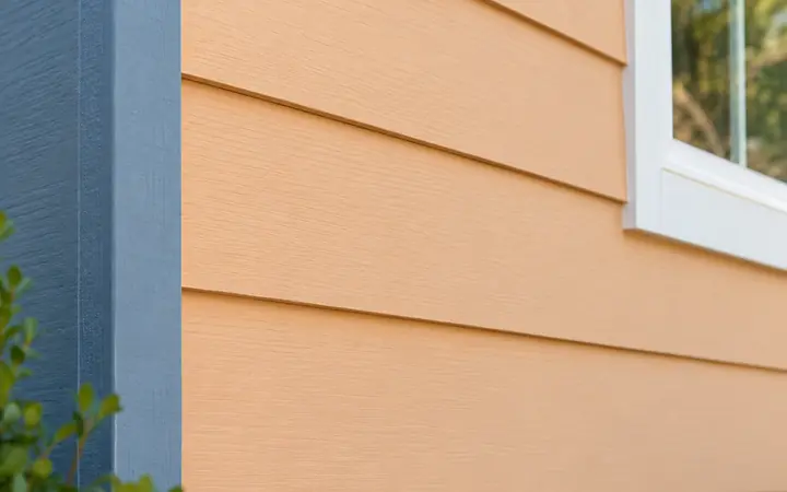Apricot horizontal lap cladding with finished board ends beside slate-blue corner trim.