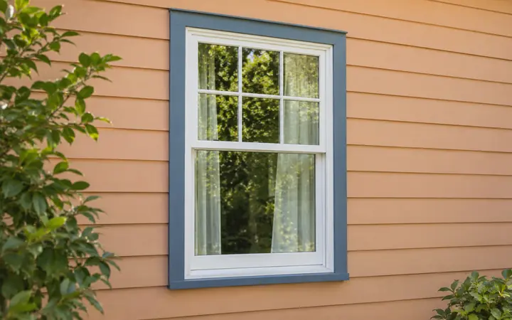 White double-hung window with divided upper lights and slate-blue trim on an apricot lap wall.