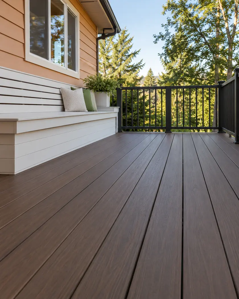 Dark walnut deck boards with a white slatted bench and charcoal railing beside apricot siding.