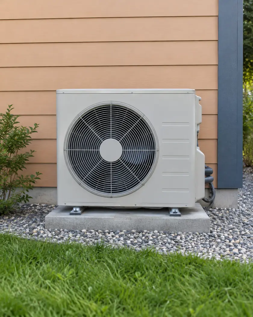 Pale gray outdoor heat pump on a pad beside apricot siding and slate-blue trim with a gravel garden.