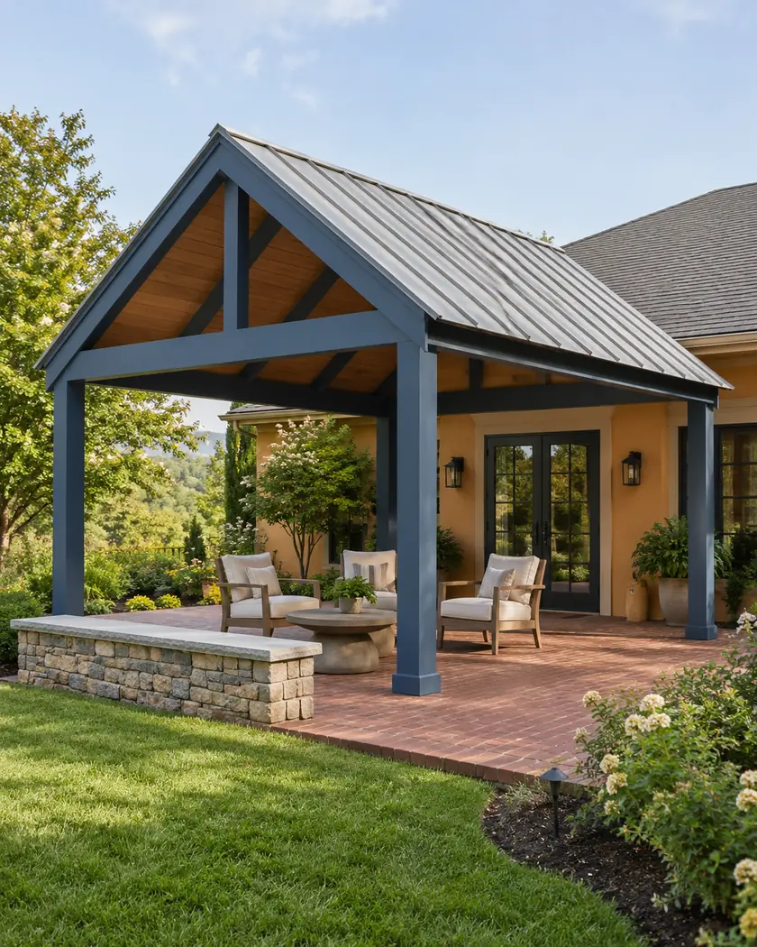 Slate-blue freestanding patio cover with a silver metal gable roof over brick paving and cream seating.