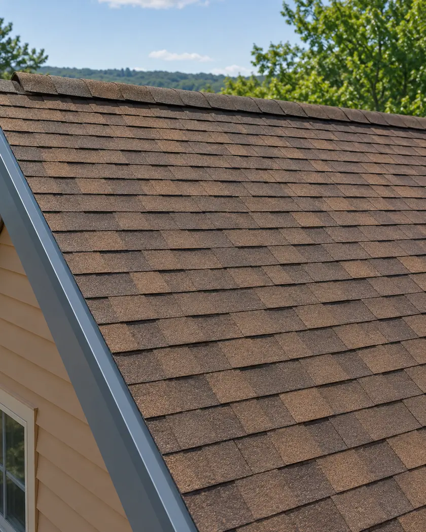 Warm-brown asphalt shingles with a neat ridge and slate-blue roof edge above apricot siding.