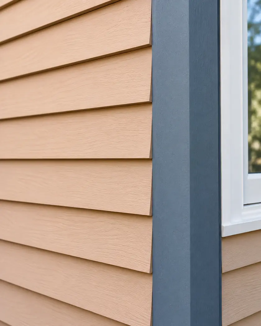 Apricot horizontal lap cladding with finished board ends beside slate-blue corner trim.