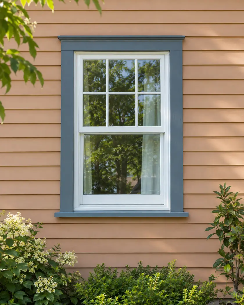 White double-hung window with divided upper lights and slate-blue trim on an apricot lap wall.