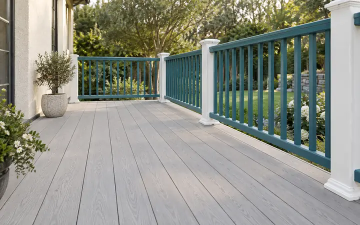 Pale driftwood-gray deck boards beside white posts and teal picket railing with a garden beyond.