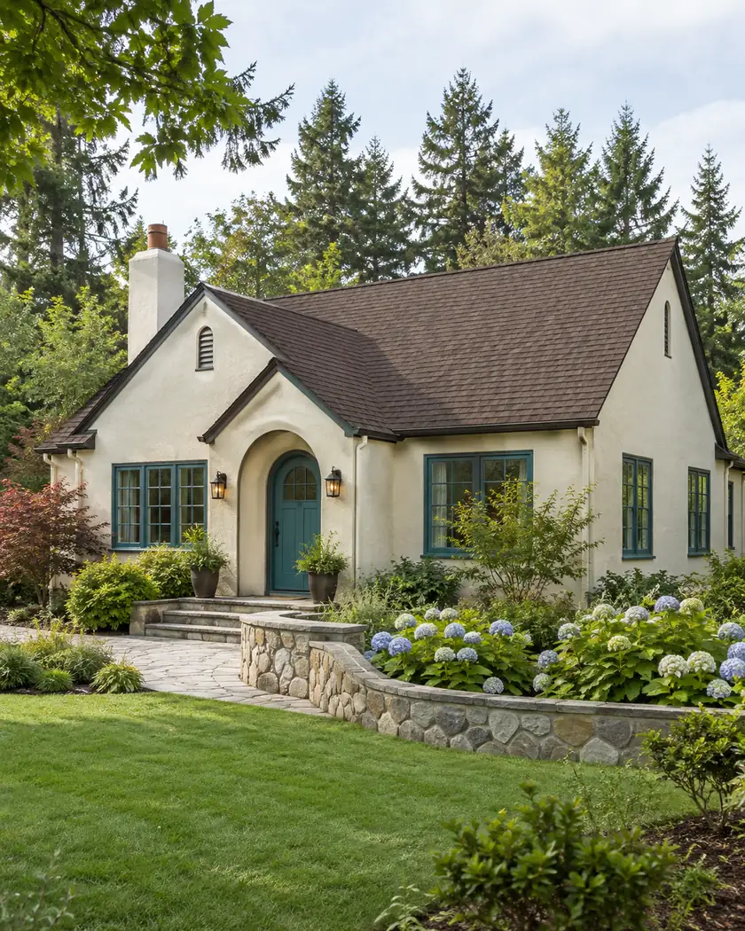 Cream single-story cottage with a dark brown shingle roof, teal entry and windows, and a stone garden wall.