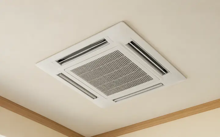 White square ceiling cassette with a central grille and surrounding vents on a cream interior ceiling.