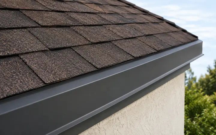 Dark brown asphalt shingles meeting a charcoal metal roof edge above a cream wall.