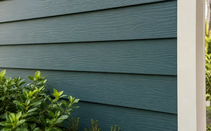 Deep teal horizontal lap wall with cream vertical trim and garden planting.