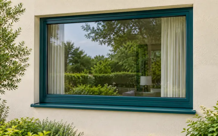 Teal-framed rectangular window with clear garden reflections and beige curtains on a cream stucco wall.
