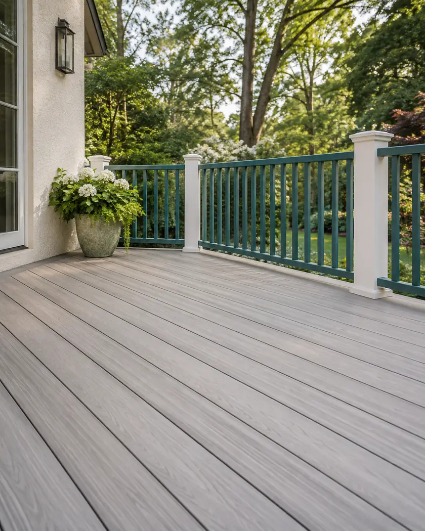 Pale driftwood-gray deck boards beside white posts and teal picket railing with a garden beyond.