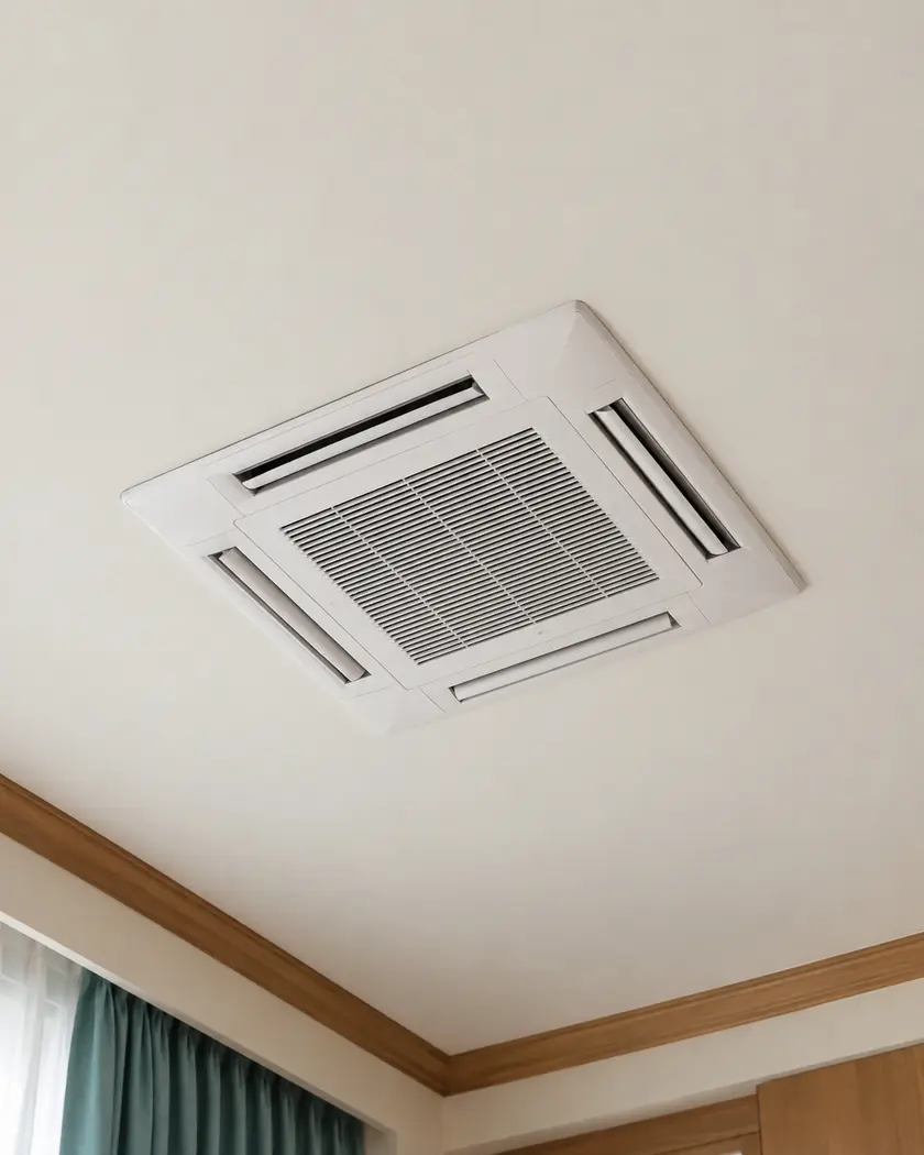 White square ceiling cassette with a central grille and surrounding vents on a cream interior ceiling.