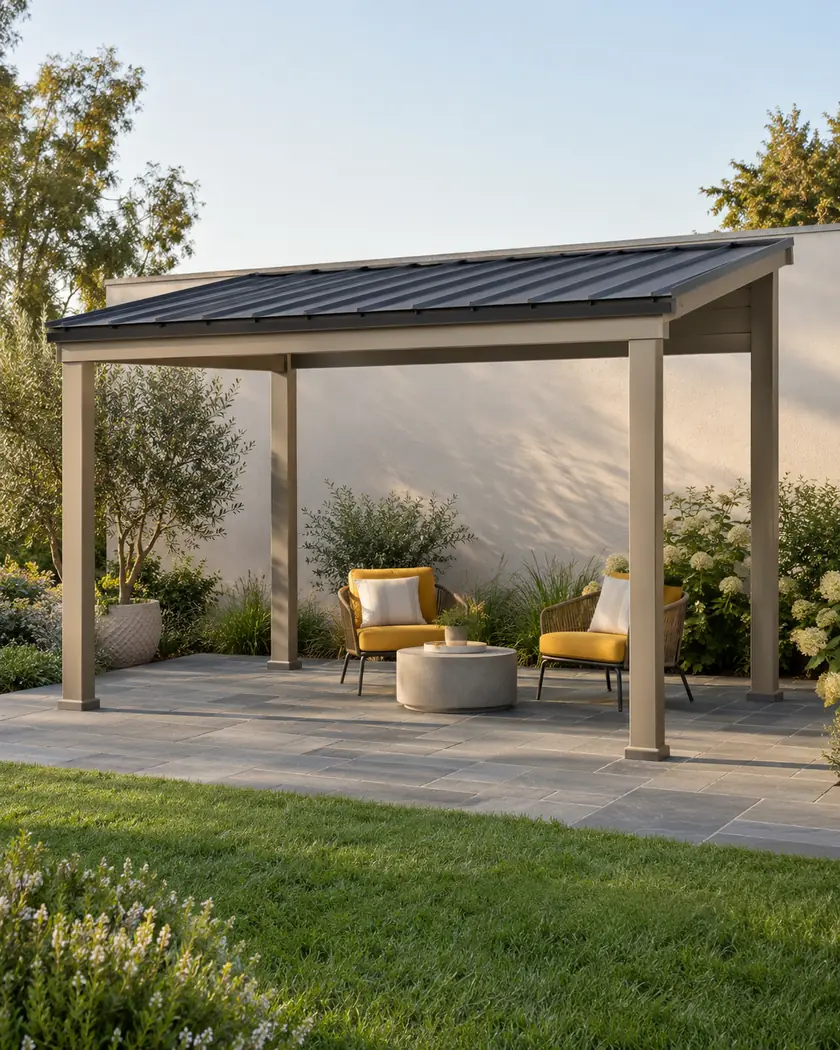 Taupe freestanding patio cover with a charcoal shed roof over slate paving and mustard-yellow chairs.