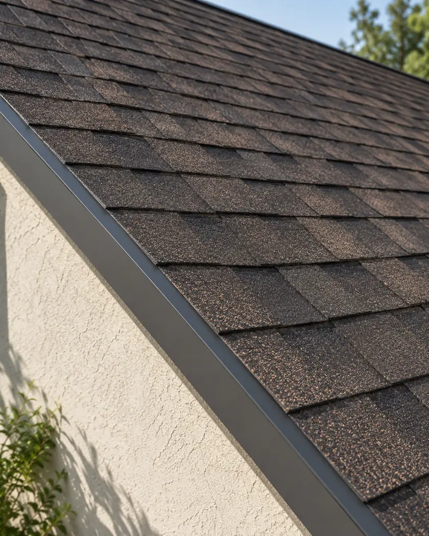 Dark brown asphalt shingles meeting a charcoal metal roof edge above a cream wall.
