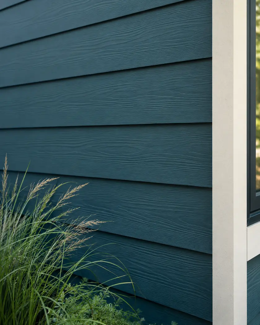 Deep teal horizontal lap siding with cream vertical trim and a narrow window edge.
