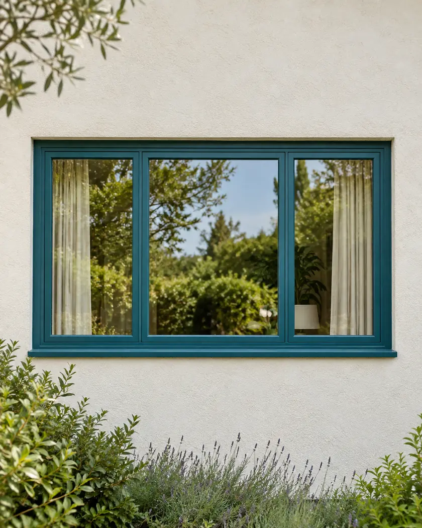 Teal-framed rectangular window with clear garden reflections and beige curtains on a cream stucco wall.