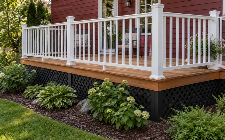 Cedar-colored deck with white picket railing and black diamond-pattern lattice along its raised edge.