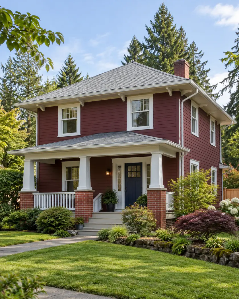 Burgundy two-story home with a pale-gray hip roof, white trim and a columned porch on brick piers.