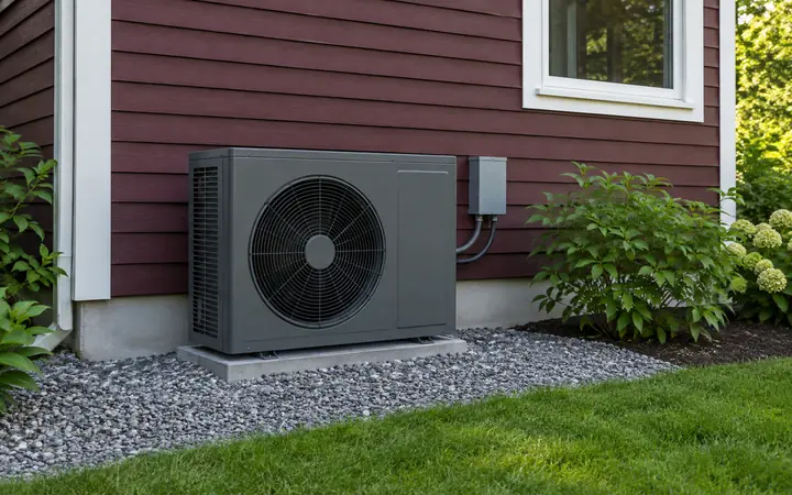 Charcoal outdoor heat pump with a round fan on a pad beside burgundy siding and white trim.
