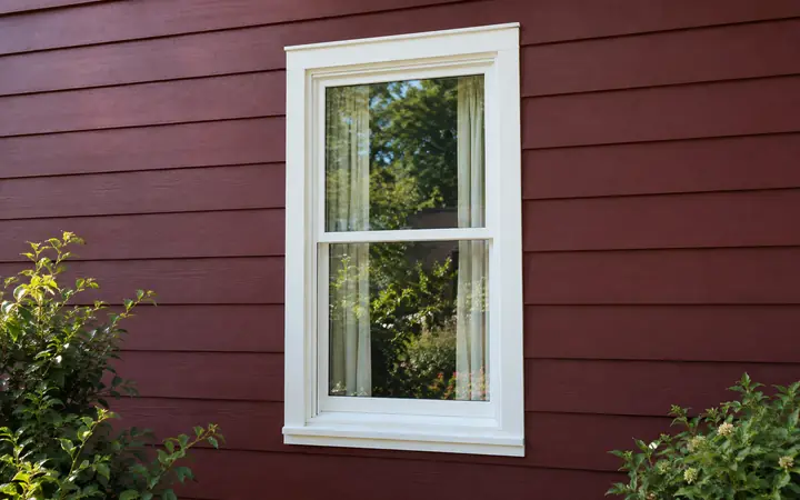 White double-hung window with clear garden reflections and pale curtains on burgundy lap siding.