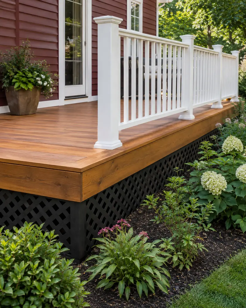 Cedar-colored deck with white picket railing and black diamond-pattern lattice along its raised edge.