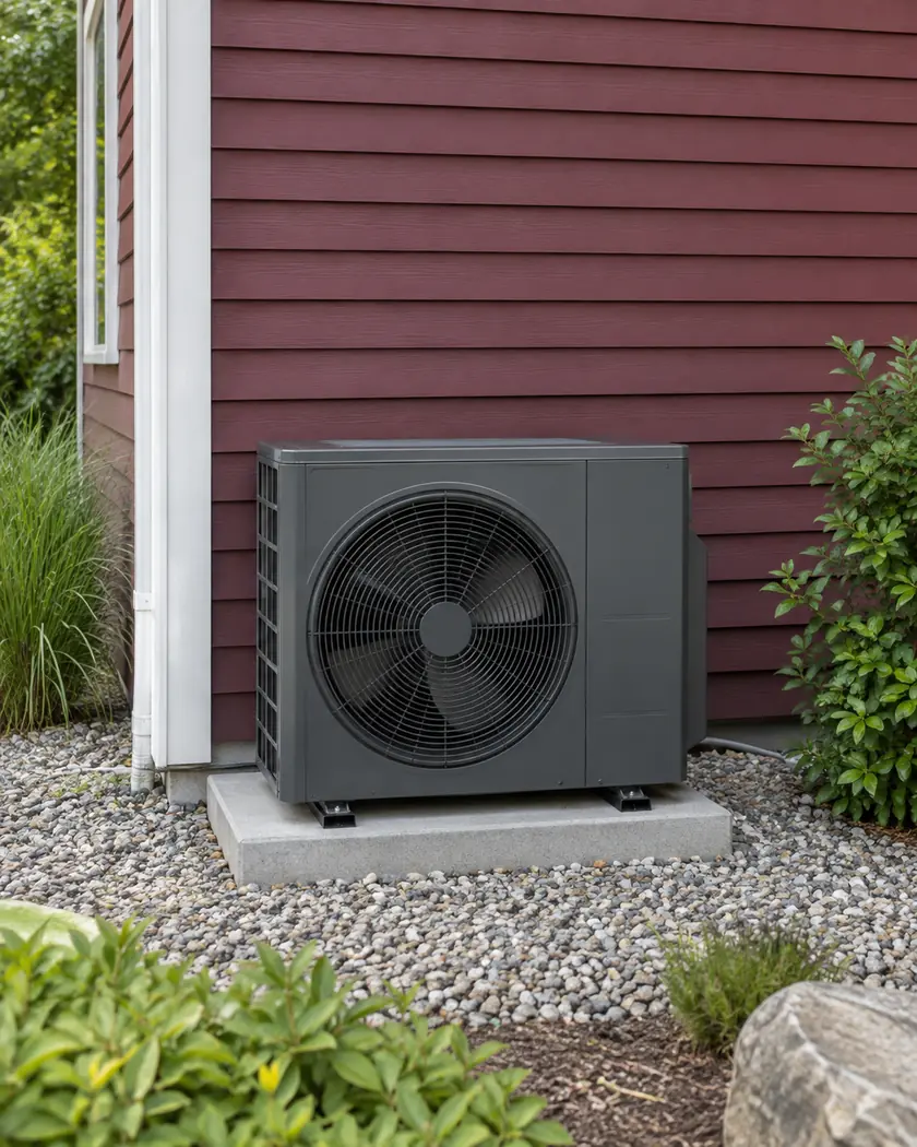 Charcoal outdoor heat pump with a round fan on a pad beside burgundy siding and white trim.
