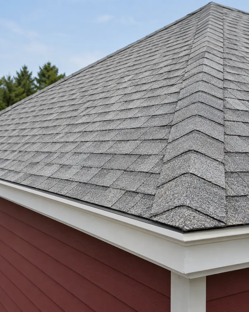 Pale-gray asphalt shingles meeting wide white fascia above a burgundy wall.