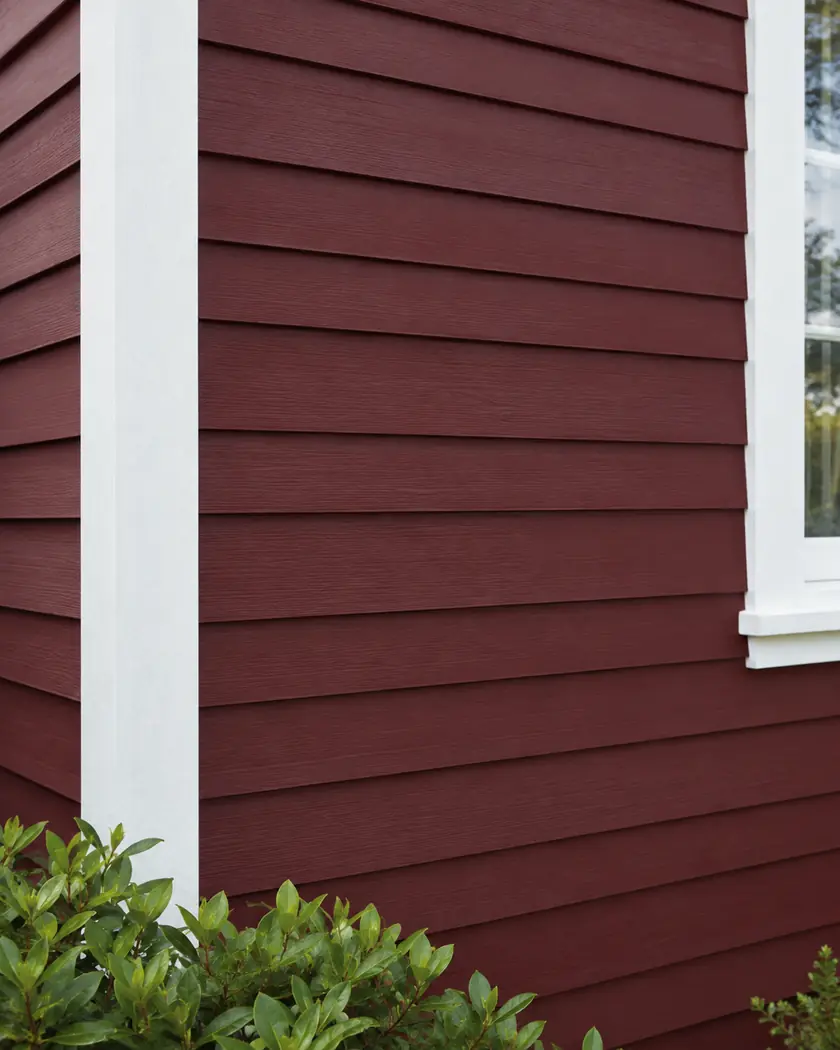 Deep burgundy horizontal lap wall with white vertical corner trim and green planting.