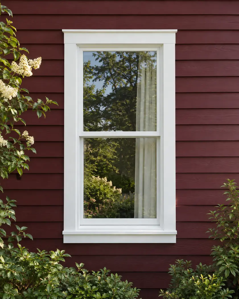 White double-hung window with clear garden reflections and pale curtains on burgundy lap siding.