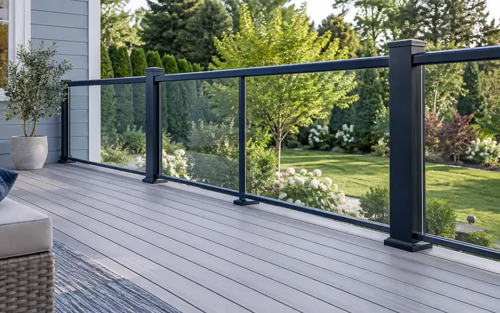 Soft gray deck boards beside navy-framed transparent glass guard panels and a green garden.
