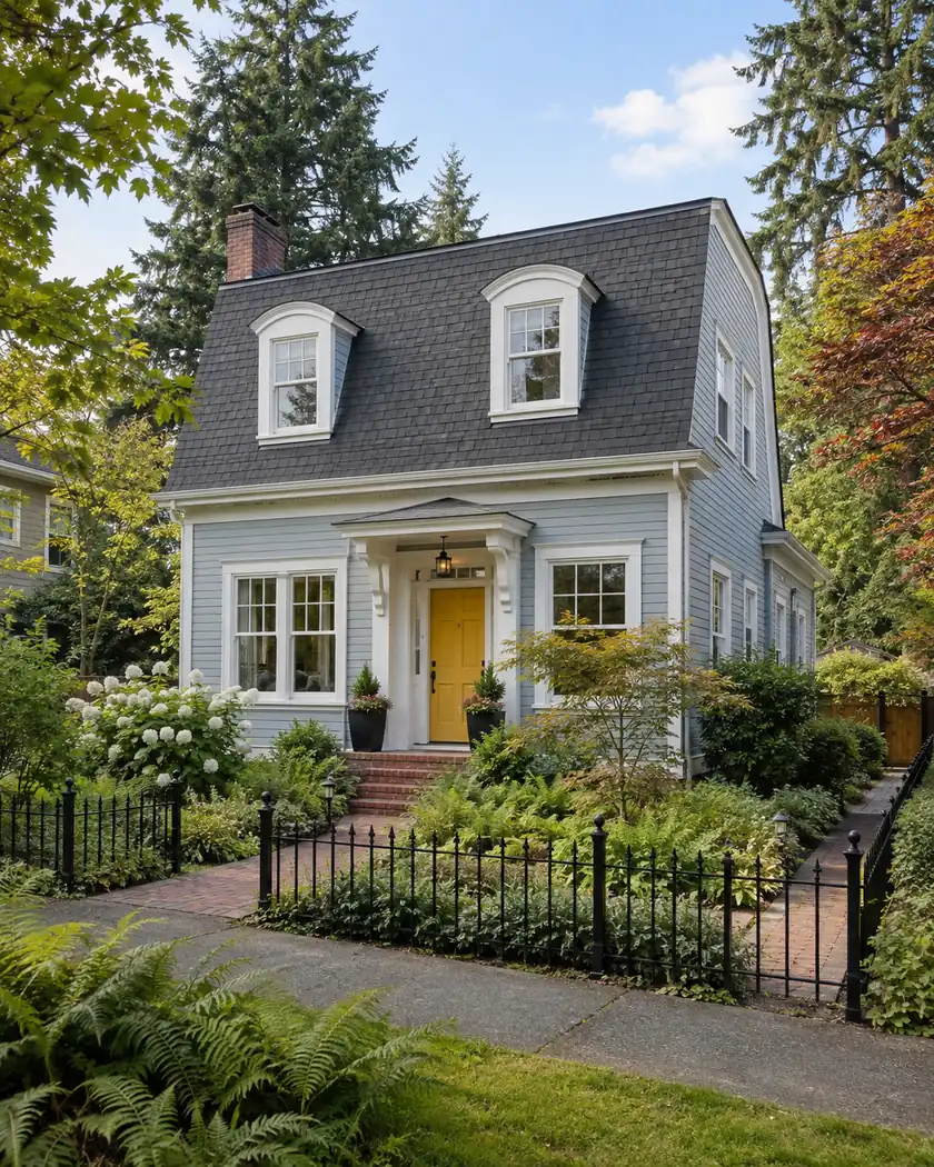 Pale dusty-blue two-story home with a charcoal mansard roof, white dormers and a mustard entry beside a brick path.