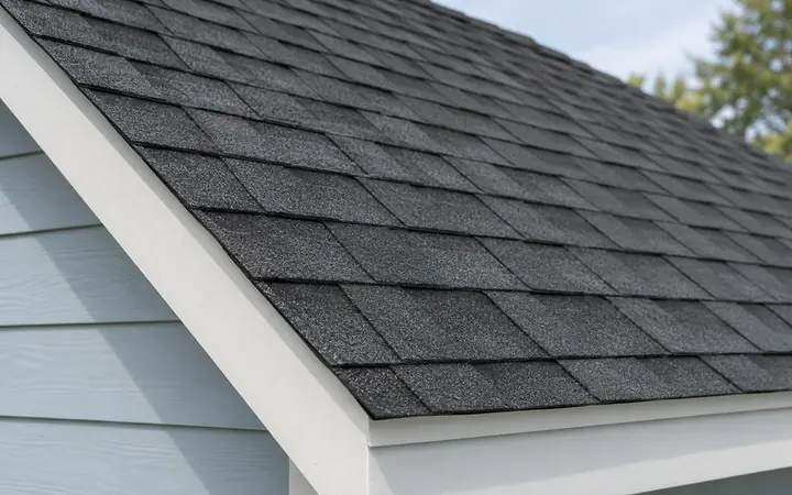 Charcoal asphalt shingles meeting white fascia above pale dusty-blue siding.