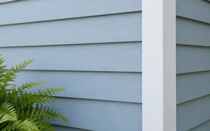Pale dusty-blue horizontal lap wall meeting white corner trim beside fern planting.