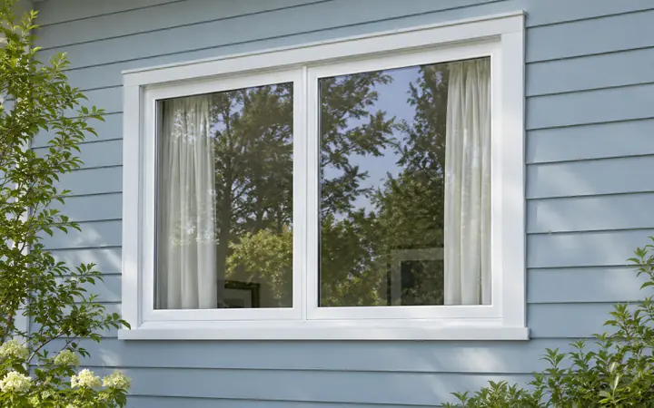 White two-pane casement window reflecting garden trees on pale dusty-blue lap siding.