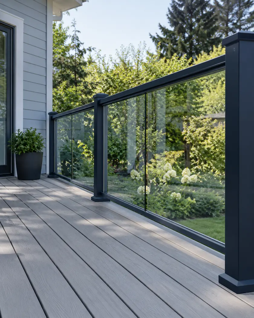 Soft gray deck boards beside navy-framed transparent glass guard panels and a green garden.