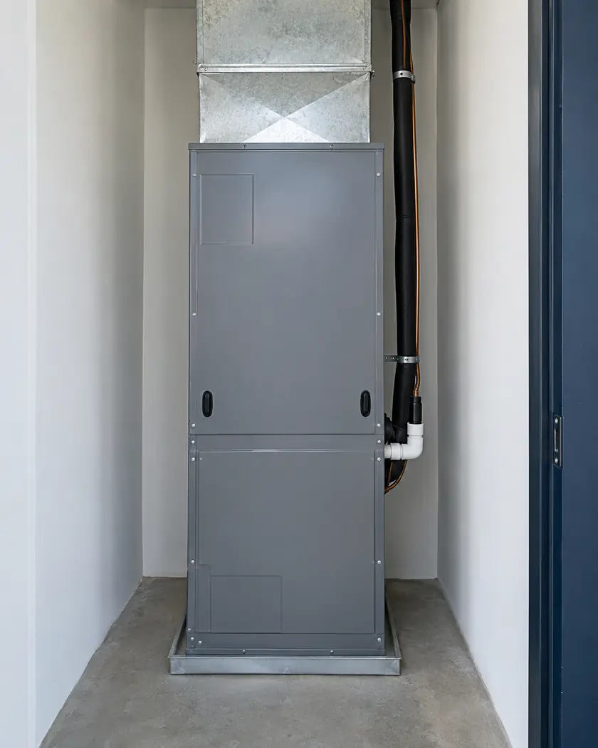 Graphite-gray indoor air-handler cabinet with a metal duct above in a white utility alcove.