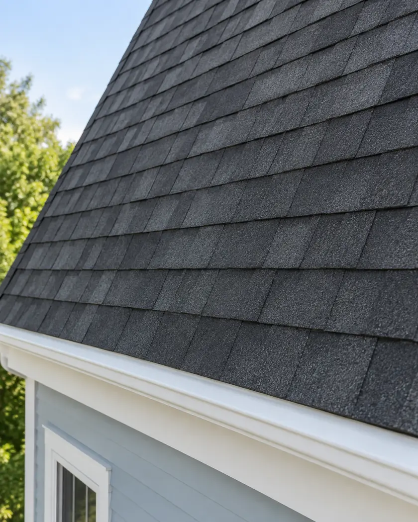 Charcoal asphalt shingles meeting white fascia above pale dusty-blue siding.