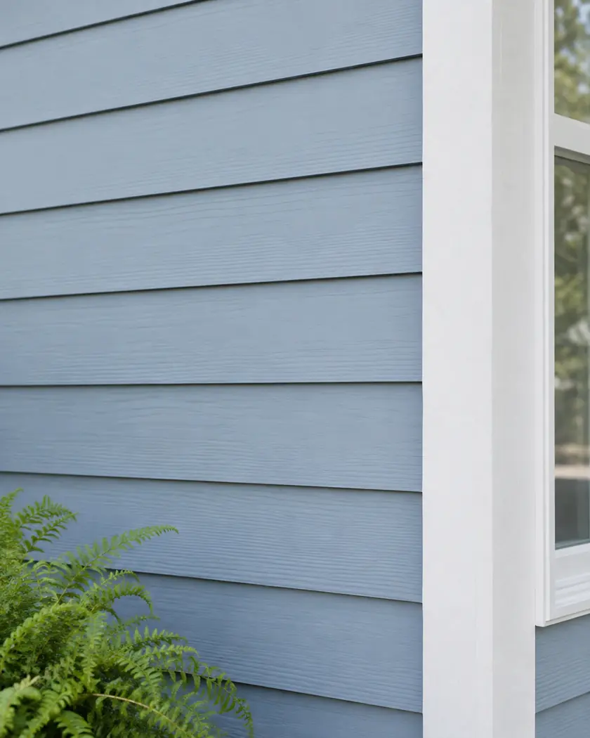 Pale dusty-blue horizontal lap wall meeting white corner trim beside fern planting.