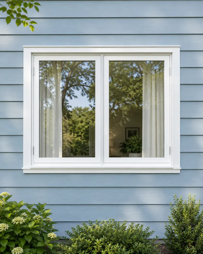White two-pane casement window reflecting garden trees on pale dusty-blue lap siding.