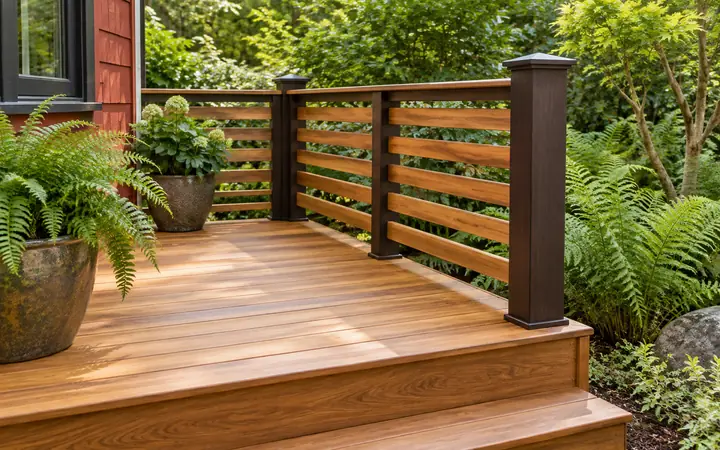 Honey-toned deck boards beside horizontal wood guard slats and espresso posts in a fern garden.