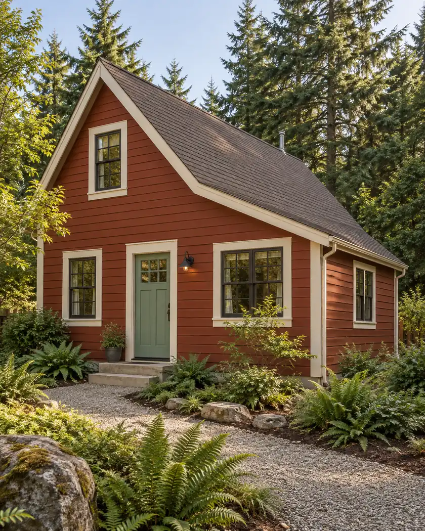 Rust-red cottage with a steep brown roof, cream window trim and a seafoam entry beside a fern garden.