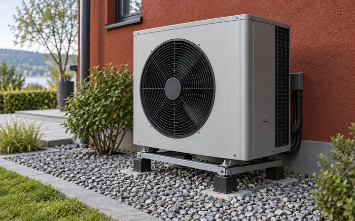 Pale-silver outdoor heat-pump cabinet with one dark circular fan beside a rust-red wall.