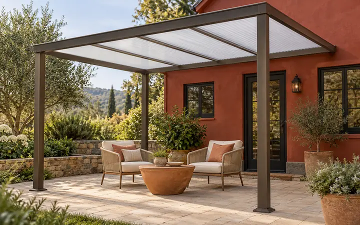 Bronze patio cover with an opal translucent sloping roof above cream chairs on beige paving.