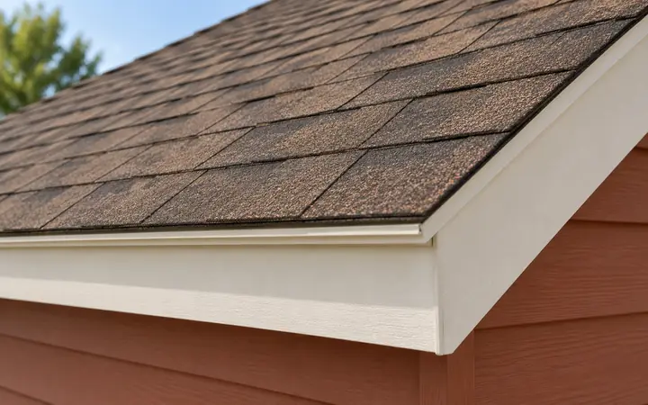 Brown asphalt shingles meeting cream fascia above a rust-red wall.