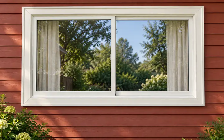 Cream two-pane sliding window reflecting garden trees on rust-red lap siding.