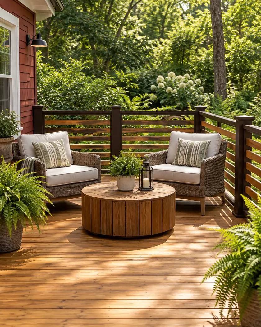 Honey-toned deck boards beside a horizontal wood-slat guard with espresso posts and a green fern garden.