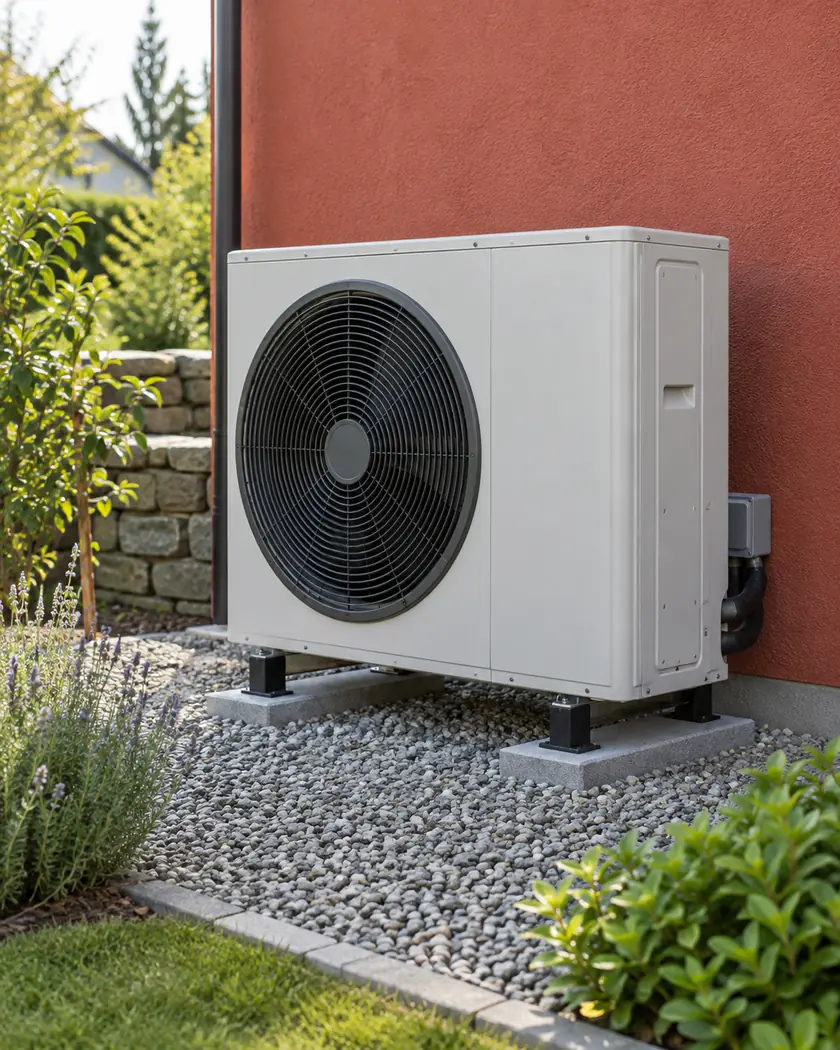 Pale-silver outdoor heat-pump cabinet with one dark circular fan beside a rust-red wall.