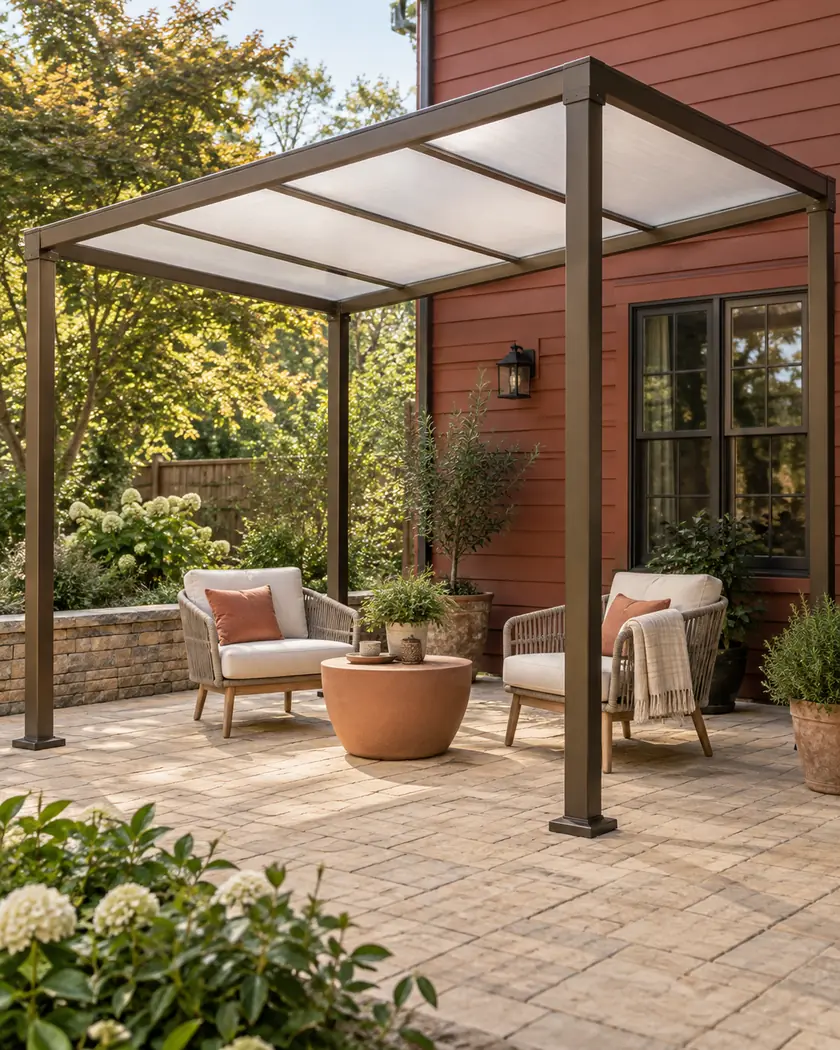 Bronze patio cover with an opal translucent sloping roof above cream chairs on beige paving.