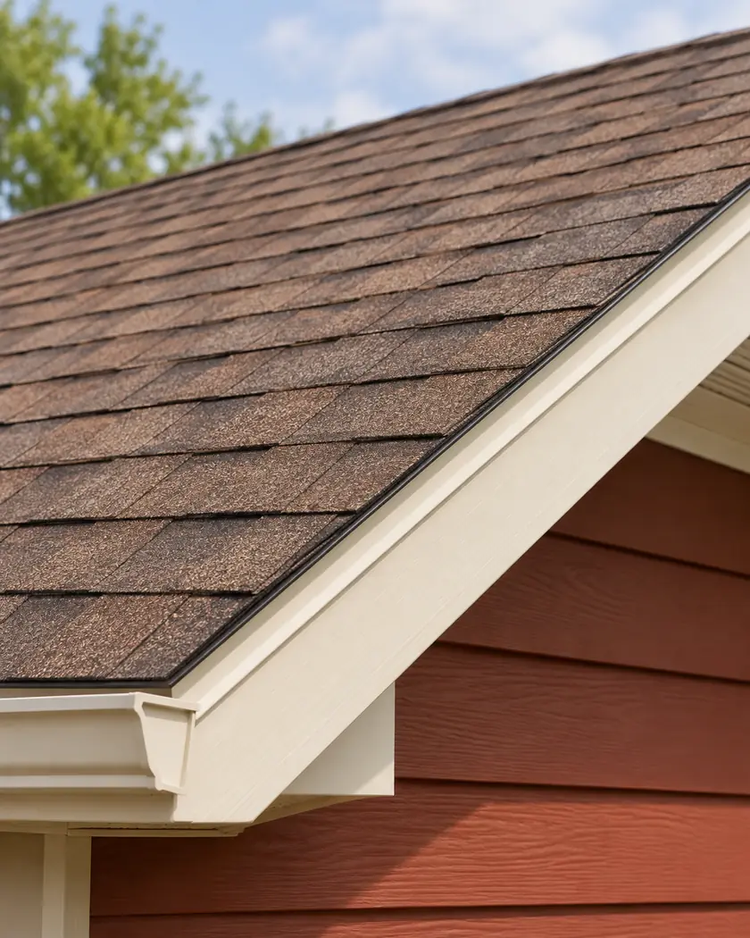 Brown asphalt shingles meeting cream fascia above a rust-red wall.