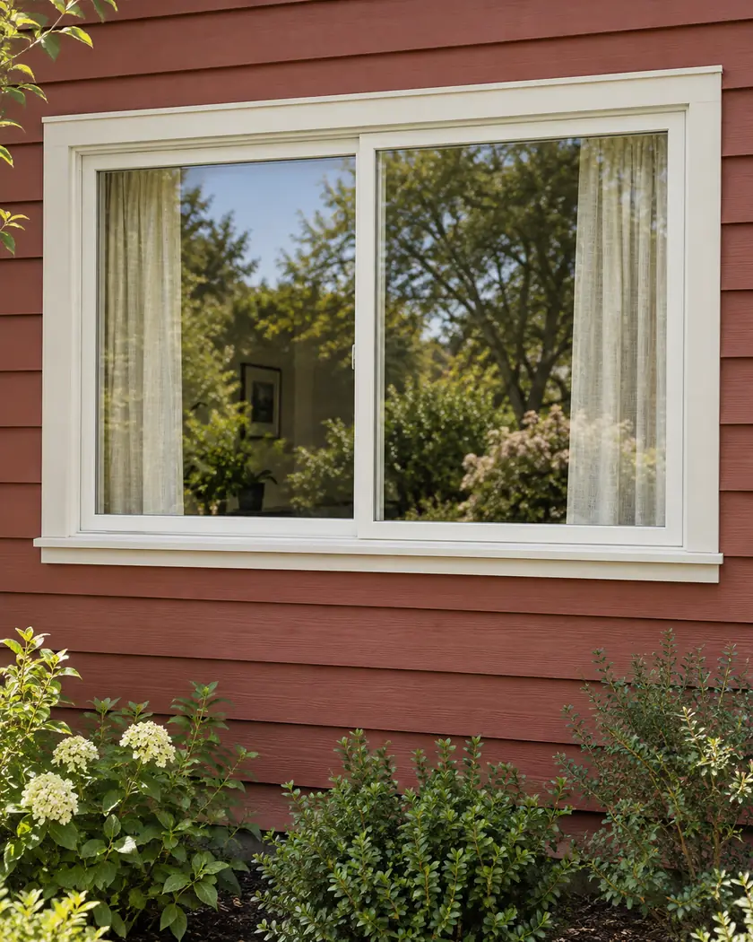 Cream two-pane sliding window reflecting garden trees on rust-red lap siding.